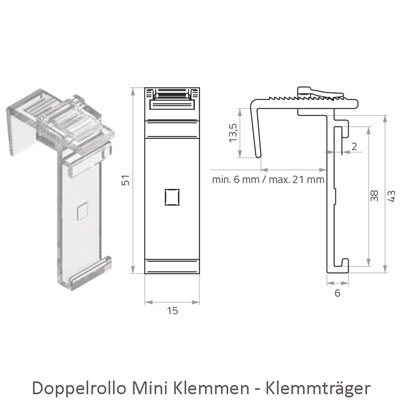 Doppelrollo Mini - Maße Klemmträger